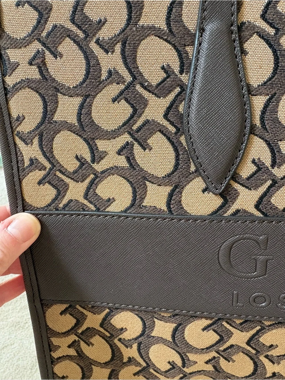 GUESS Brown Logo Jacquard Tote with Dark Brown Trim